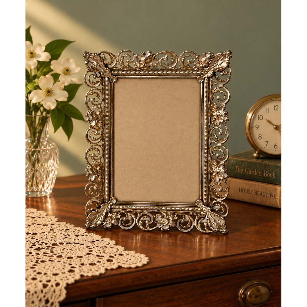 Vintage 50s Picture Frame 5x7 Silver Ornate Filigree Victorian Style Cottagecore